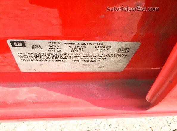 1G1JA5SHXG4150887 2016 CHEVROLET SONIC Red Շարժիչի բաժամունքի տեսք