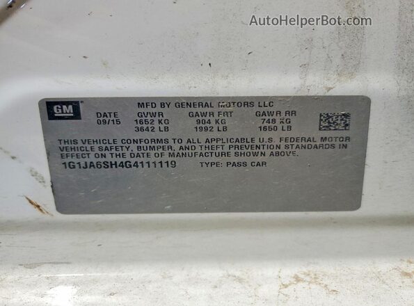 1G1JA6SH4G4111119 2016 CHEVROLET SONIC White ძრავის განყოფილების ხედი