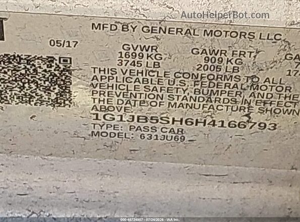 1G1JB5SH6H4166793 2017 CHEVROLET SONIC Gray Engine compartment view