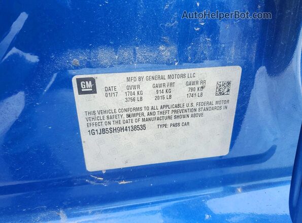 1G1JB5SH9H4138535 2017 CHEVROLET SONIC Blue Vista del compartimento del motor