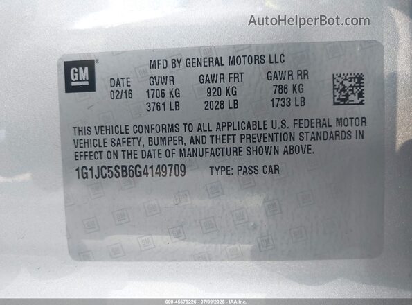 1G1JC5SB6G4149709 2016 CHEVROLET SONIC Silver Engine compartment view