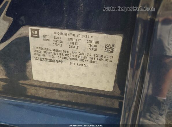 1G1JC5SH2G4179391 2016 CHEVROLET SONIC Blue ძრავის განყოფილების ხედი