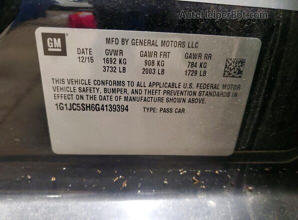 1G1JC5SH6G4139394 2016 CHEVROLET SONIC Black Vista del compartimento del motor