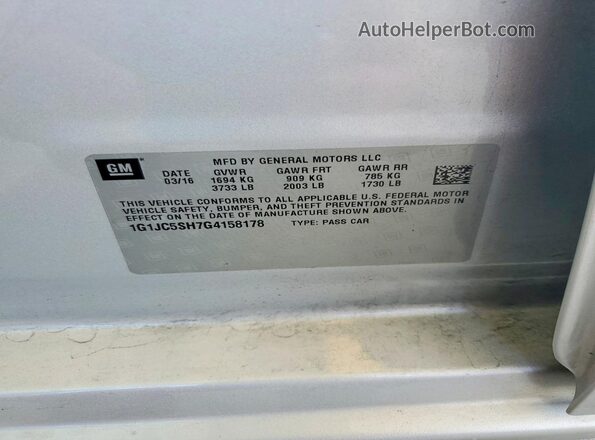 1G1JC5SH7G4158178 2016 CHEVROLET SONIC Silver Вид підкапотного простору