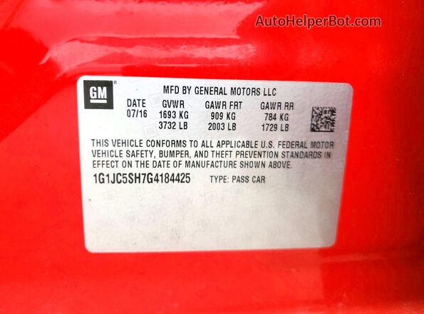 1G1JC5SH7G4184425 2016 CHEVROLET SONIC Красный Панорамный вид салона 360°