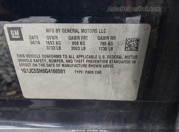 1G1JC5SH8G4166581 2016 CHEVROLET SONIC Dark Blue ძრავის განყოფილების ხედი