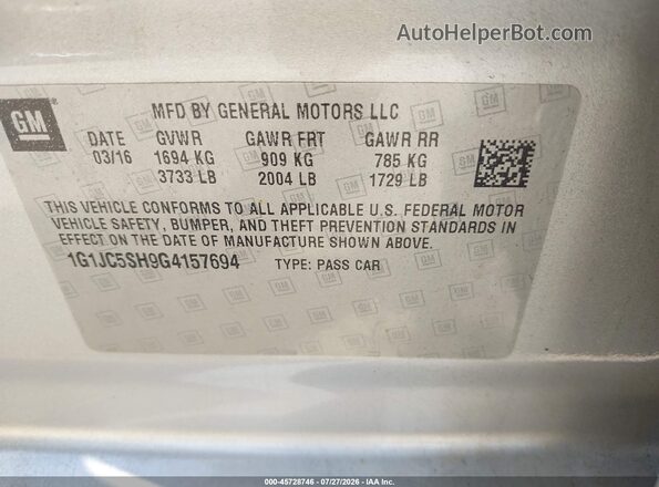 1G1JC5SH9G4157694 2016 CHEVROLET SONIC Silver ძრავის განყოფილების ხედი