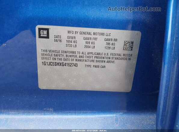 1G1JC5SHXG4162743 2016 CHEVROLET SONIC Синий Вид подкапотного пространства