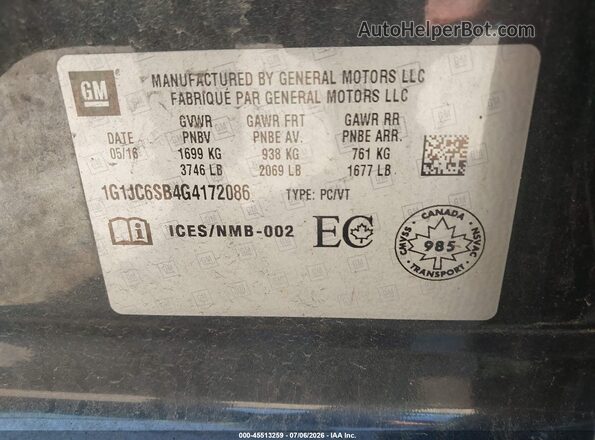1G1JC6SB4G4172086 2016 CHEVROLET SONIC Black ძრავის განყოფილების ხედი