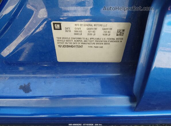 1G1JC6SH4G4175347 2016 CHEVROLET SONIC Blue Widok komory silnika