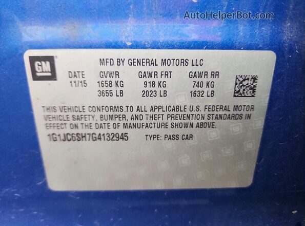 1G1JC6SH7G4132945 2016 CHEVROLET SONIC Blue Շարժիչի բաժամունքի տեսք