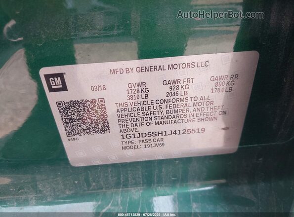 1G1JD5SH1J4125519 2018 CHEVROLET SONIC Green Widok komory silnika