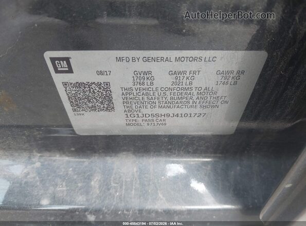 1G1JD5SH9J4101727 2018 CHEVROLET SONIC Gray ძრავის განყოფილების ხედი