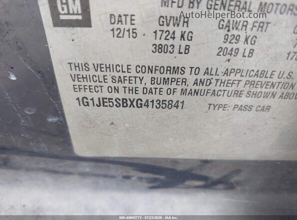 1G1JE5SBXG4135841 2016 CHEVROLET SONIC Blue Vista del compartimento del motor