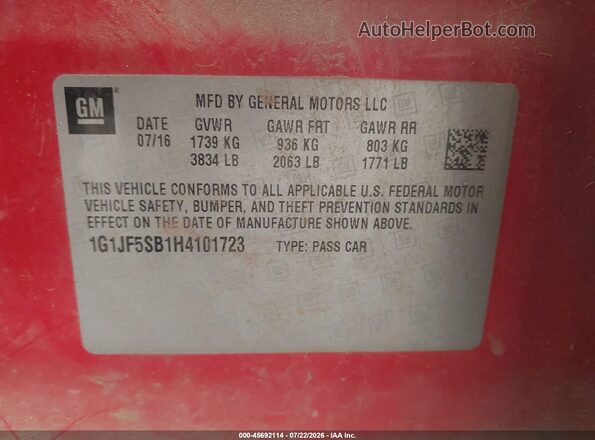 1G1JF5SB1H4101723 2017 CHEVROLET SONIC Красный Вид подкапотного пространства