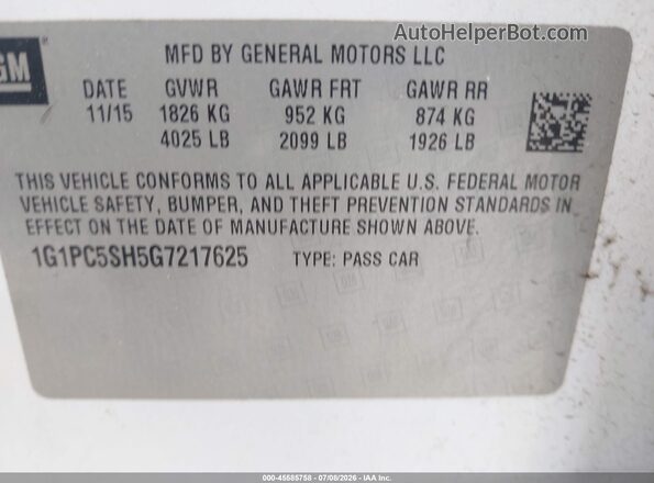 1G1PC5SH5G7217625 2016 CHEVROLET CRUZE White Вид підкапотного простору