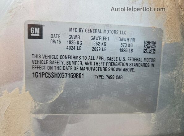 1G1PC5SHXG7169801 2016 CHEVROLET CRUZE Silver VIN կոդի պիտակի տեսք