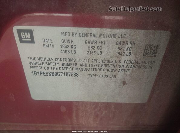 1G1PE5SB0G7107538 2016 CHEVROLET CRUZE Темно-бордовый Вид подкапотного пространства
