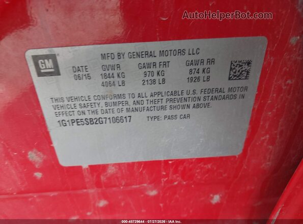 1G1PE5SB2G7106617 2016 CHEVROLET CRUZE Red Vista del compartimento del motor