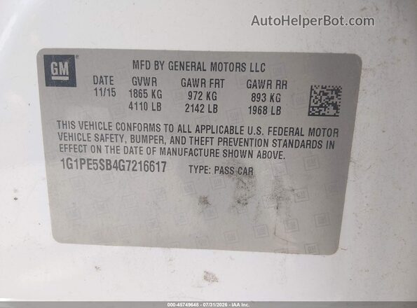 1G1PE5SB4G7216617 2016 CHEVROLET CRUZE White Engine compartment view