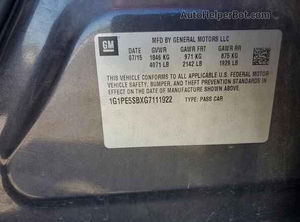 1G1PE5SBXG7111922 2016 CHEVROLET CRUZE Charcoal Widok naklejki z numerem VIN