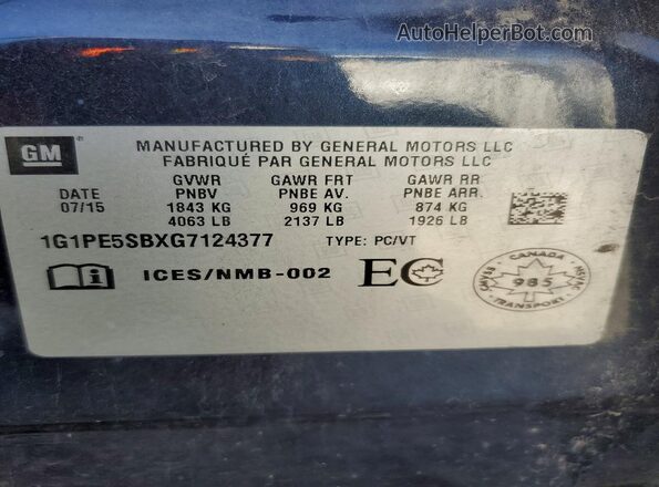 1G1PE5SBXG7124377 2016 CHEVROLET CRUZE Blue Շարժիչի բաժամունքի տեսք