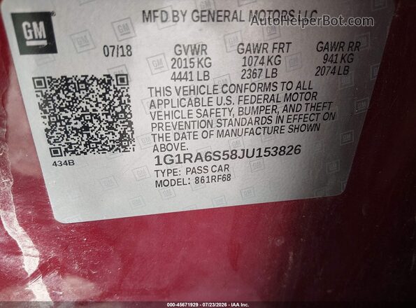 1G1RA6S58JU153826 2018 CHEVROLET VOLT Red ძრავის განყოფილების ხედი