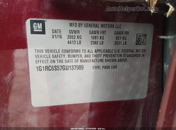 1G1RC6S57GU137989 2016 CHEVROLET VOLT Maroon ძრავის განყოფილების ხედი