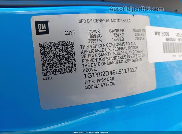 1G1Y62D46L5117527 2020 CHEVROLET CORVETTE Blue Engine compartment view