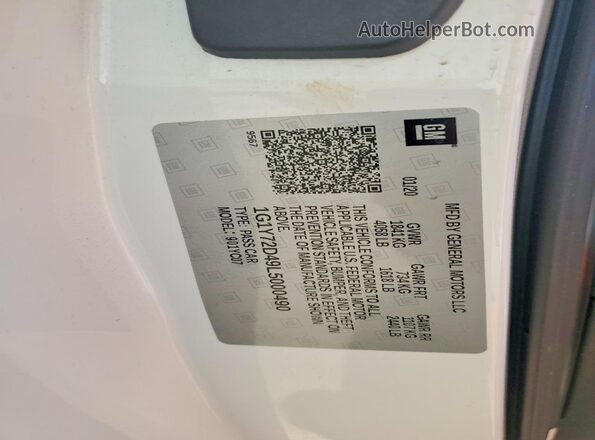 1G1Y72D49L5000490 2020 CHEVROLET CORVETTE White Вид наклейки з VIN-кодом