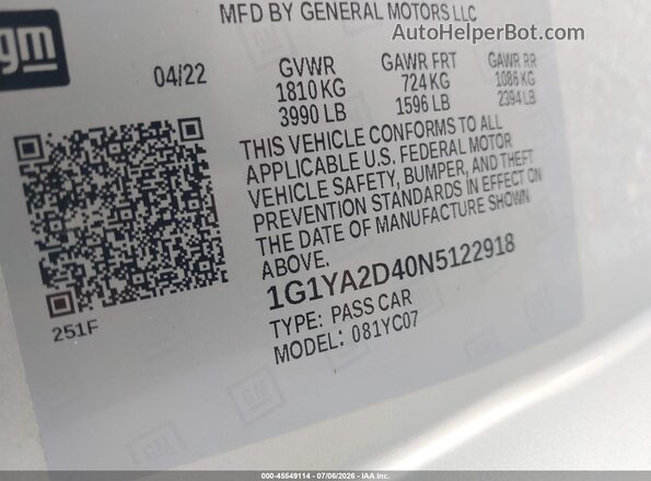 1G1YA2D40N5122918 2022 CHEVROLET CORVETTE Silver Vista del compartimento del motor