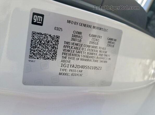 1G1YA2D40S5110523 2025 CHEVROLET CORVETTE White VIN კოდის სტიკერის ხედი