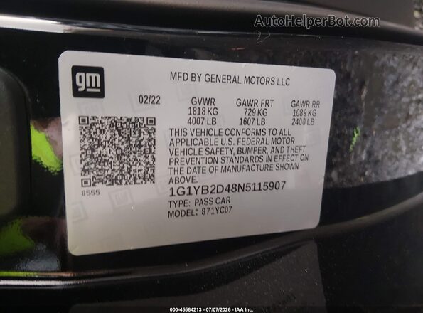 1G1YB2D48N5115907 2022 CHEVROLET CORVETTE Черный Вид наклейки с VIN-кодом