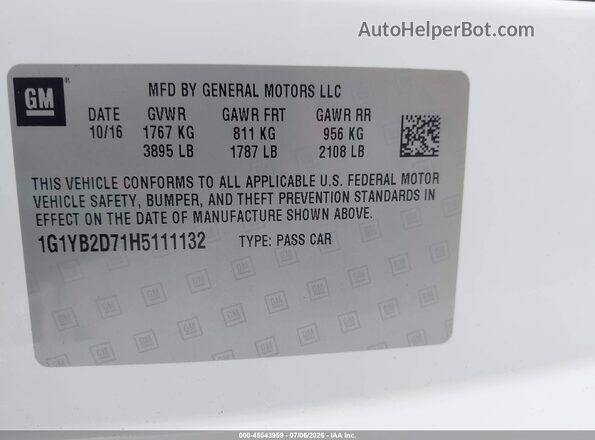 1G1YB2D71H5111132 2017 CHEVROLET CORVETTE White ძრავის განყოფილების ხედი
