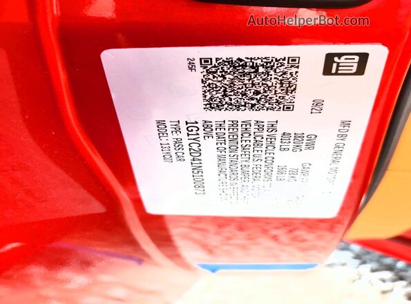 1G1YC2D41N5100873 2022 CHEVROLET CORVETTE Red VIN კოდის სტიკერის ხედი