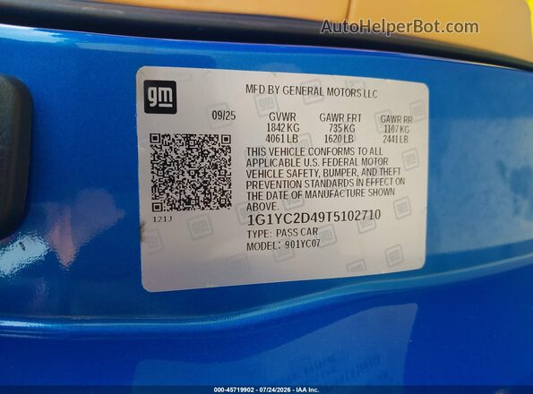 1G1YC2D49T5102710 2026 CHEVROLET CORVETTE Blue ძრავის განყოფილების ხედი