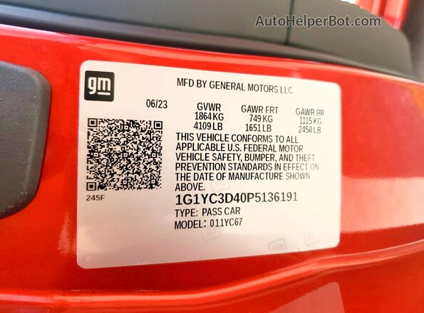 1G1YC3D40P5136191 2023 CHEVROLET CORVETTE Red Vista de la etiqueta del VIN