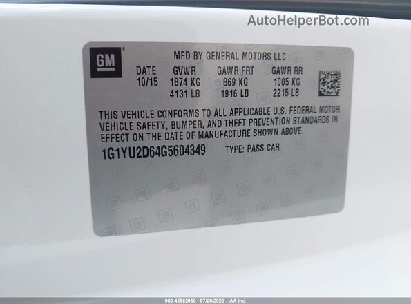 1G1YU2D64G5604349 2016 CHEVROLET CORVETTE White ძრავის განყოფილების ხედი