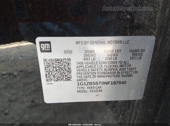 1G1ZB5ST0NF187940 2022 CHEVROLET MALIBU Black Vista del compartimento del motor