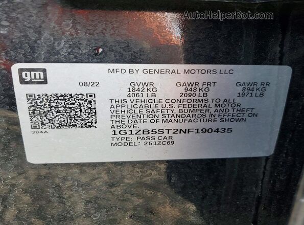 1G1ZB5ST2NF190435 2022 CHEVROLET MALIBU Черный Вид подкапотного пространства