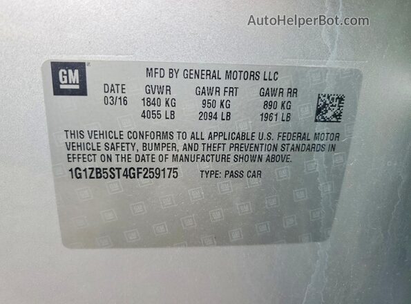 1G1ZB5ST4GF259175 2016 CHEVROLET MALIBU Silver Вид наклейки з VIN-кодом