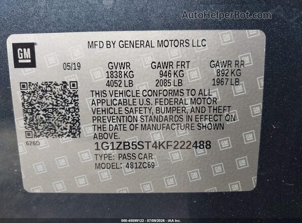 1G1ZB5ST4KF222488 2019 CHEVROLET MALIBU Gray Вид підкапотного простору