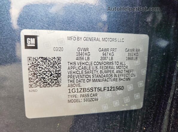 1G1ZB5ST5LF121560 2020 CHEVROLET MALIBU Blue VIN კოდის სტიკერის ხედი