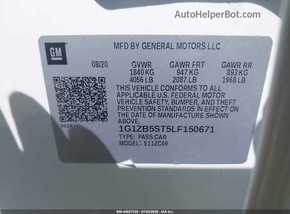 1G1ZB5ST5LF150671 2020 CHEVROLET MALIBU Turquoise ძრავის განყოფილების ხედი