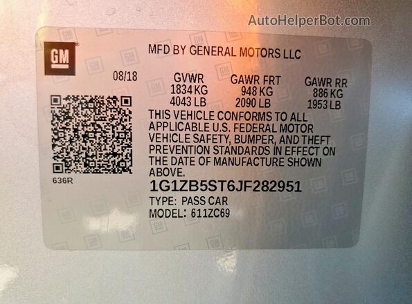 1G1ZB5ST6JF282951 2018 CHEVROLET MALIBU Silver Vista de la etiqueta del VIN