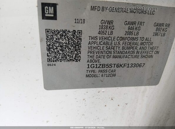 1G1ZB5ST6KF133067 2019 CHEVROLET MALIBU Белый Вид подкапотного пространства