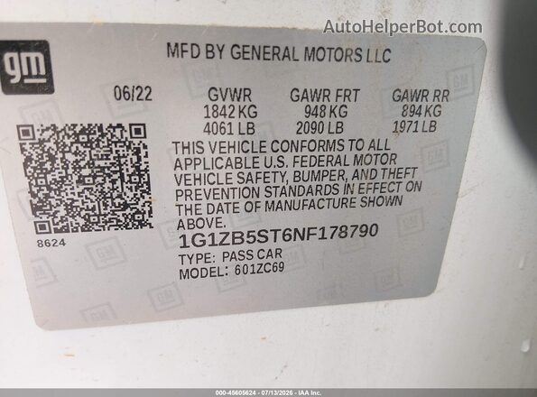 1G1ZB5ST6NF178790 2022 CHEVROLET MALIBU White Вид підкапотного простору
