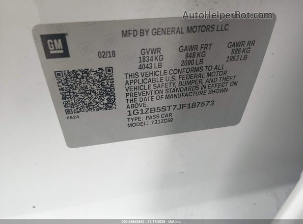 1G1ZB5ST7JF187573 2018 CHEVROLET MALIBU Белый Вид подкапотного пространства