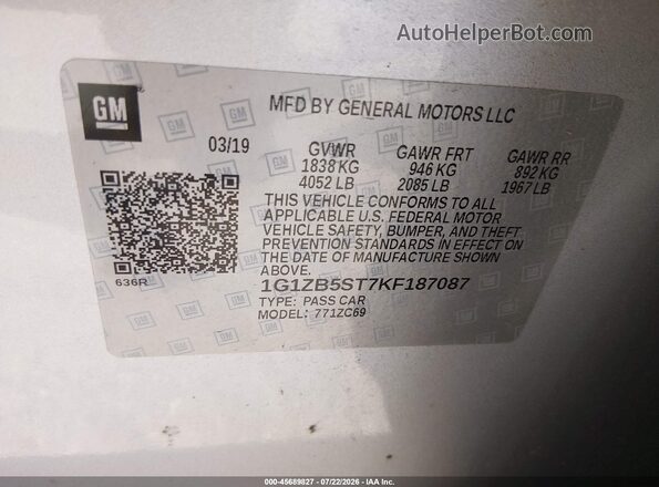 1G1ZB5ST7KF187087 2019 CHEVROLET MALIBU Gray Вид підкапотного простору