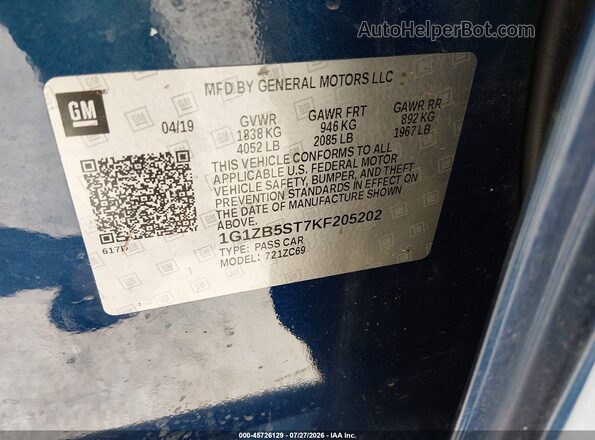 1G1ZB5ST7KF205202 2019 CHEVROLET MALIBU Blue ძრავის განყოფილების ხედი